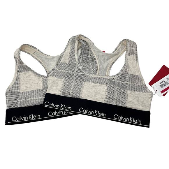 Calvin Klein NWT Plaid Modern Cotton Wireless Unlined Bralette 2 Pk XS Black Tan - Picture 1 of 6